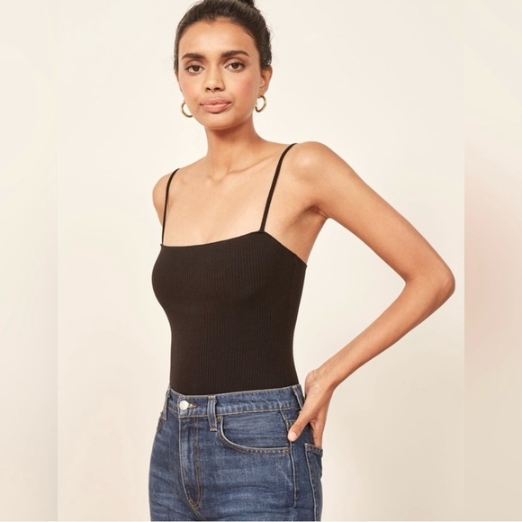 Reformation Crystal Black Square Neck Strappy Ribbed Bodysuit Size XL - Picture 1 of 8
